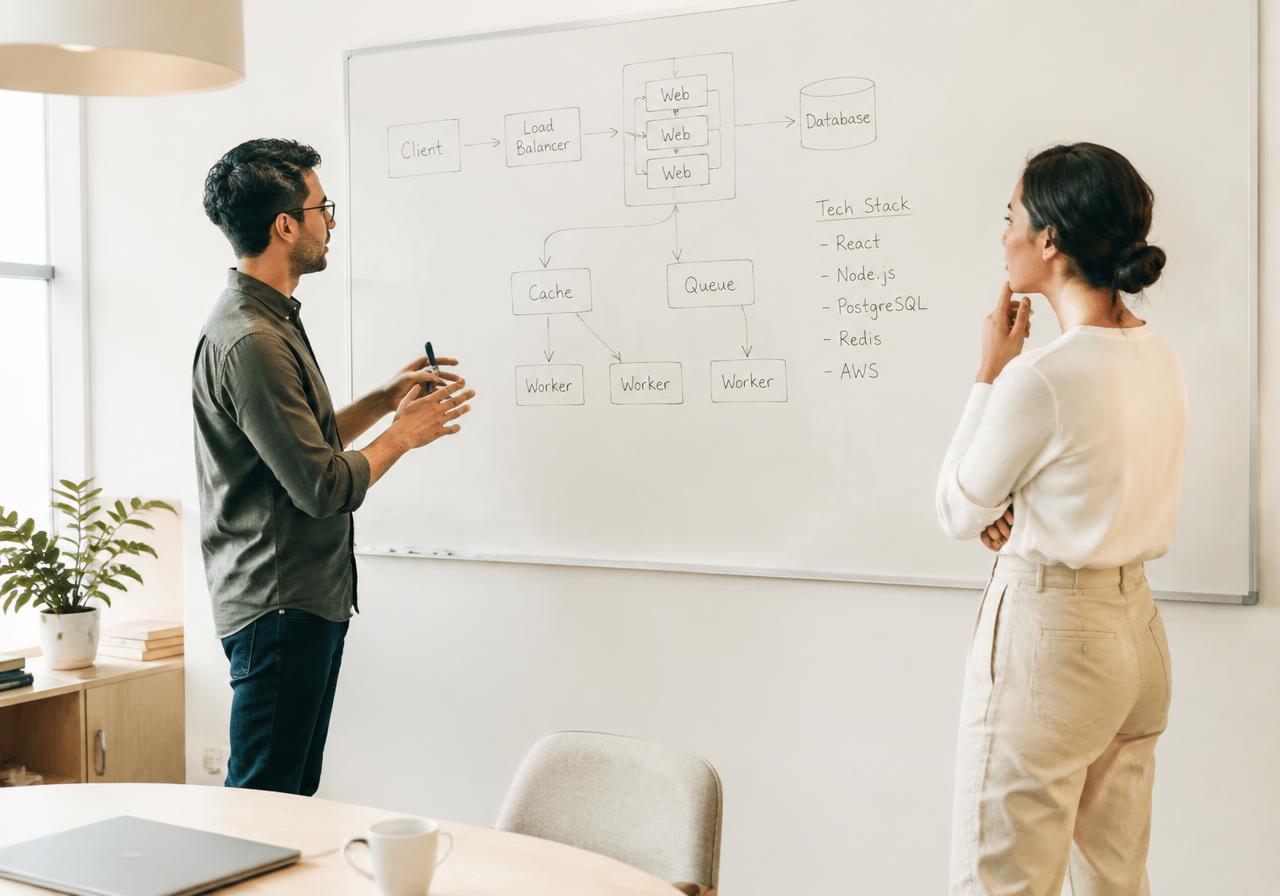 Engineers discussing an architecture diagram on a whiteboard