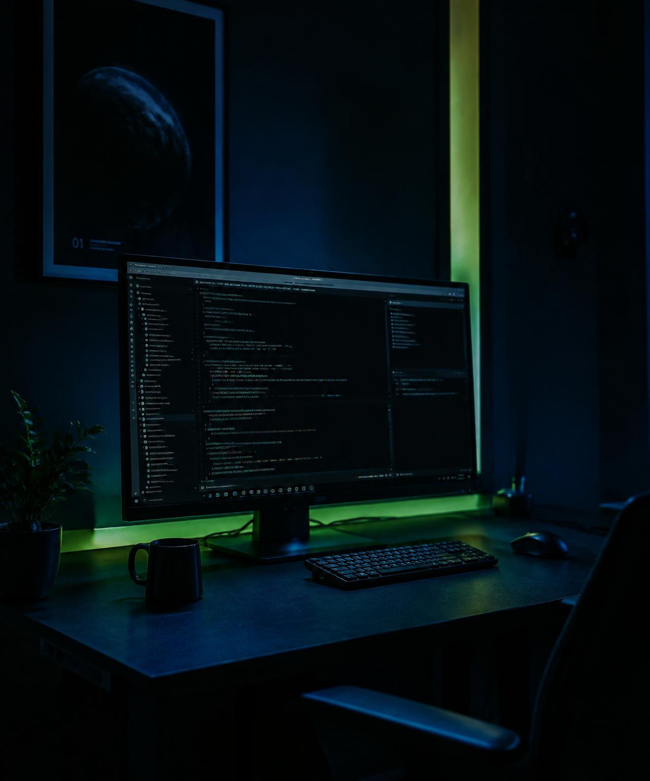 Dark developer workstation with code on a monitor and lime accent lighting